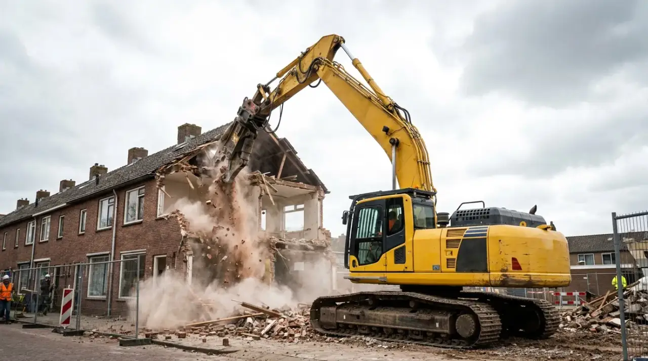Graafmachine sloopt een woning in Noord-Holland